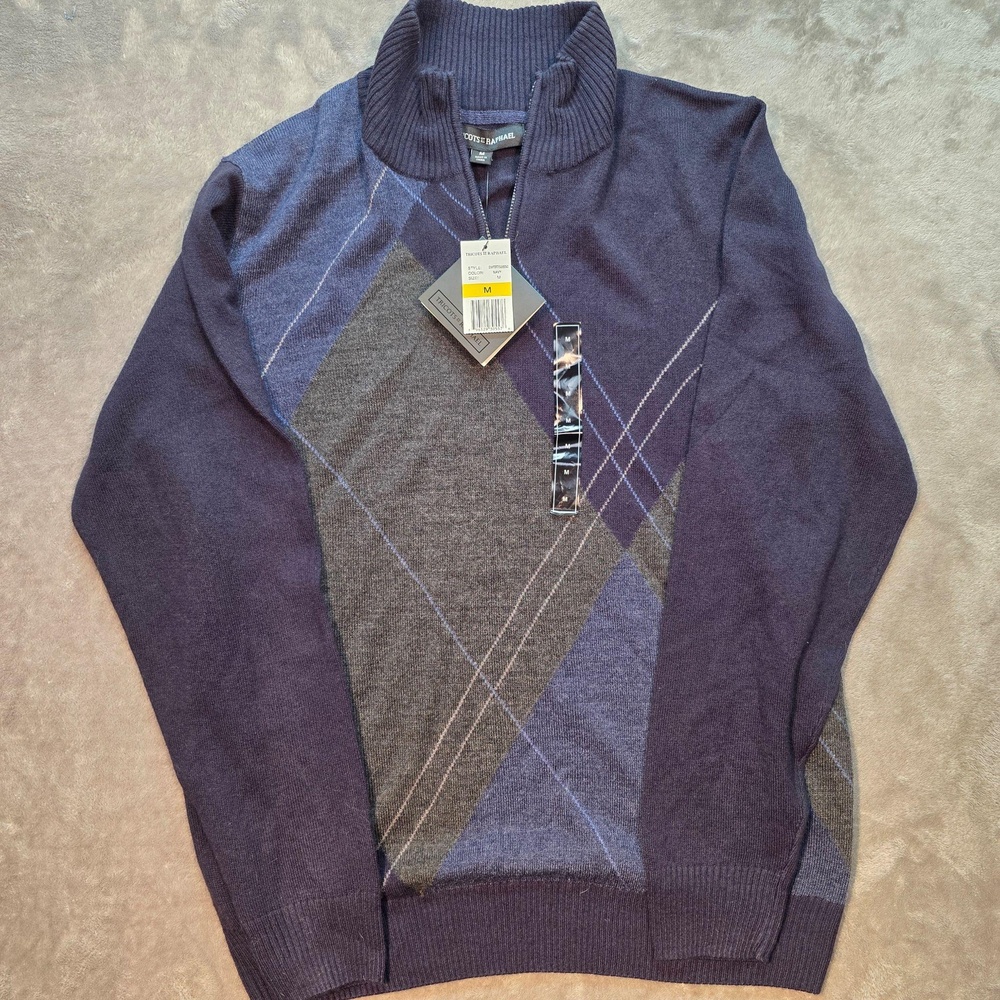 Tricots St. Raphael Sweater Mens M Blue Argyle Knit Mock Neck 1/4 Zip Pullover
